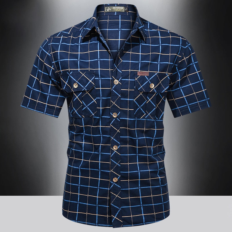 Men Plaid Shirt Short Sleeve Bomber 100% Pure Cotton Business Lapel Shirt