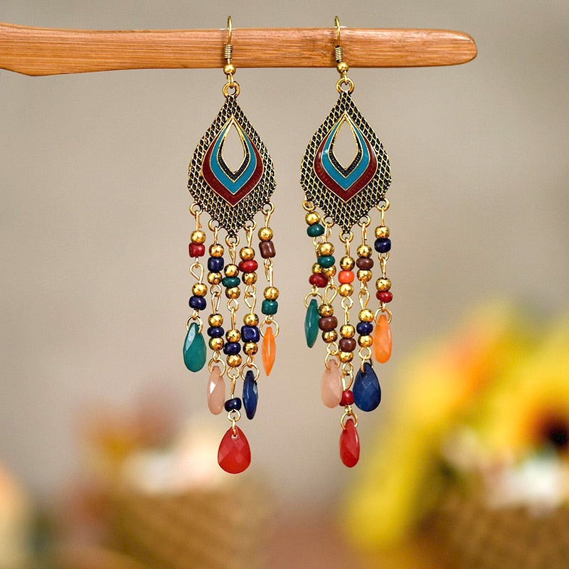 Bohemian Antique Gold Plated Long Water Drop Tassel Earrings