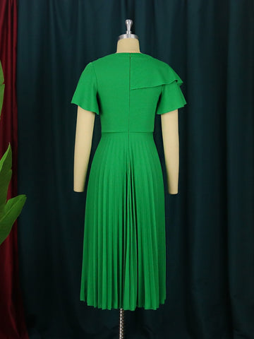 Elegant Women Green Dress Short Sleeve Ruffles Pleated Midi Dresses