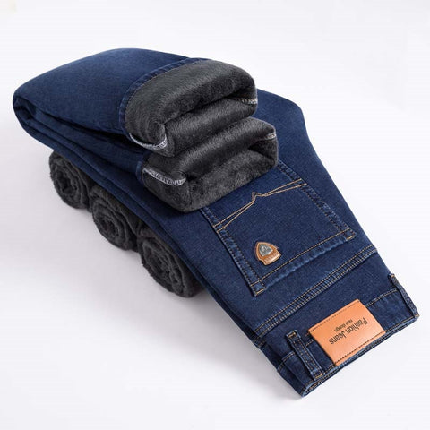 Brand Fit Straight Fleece Thick Warm Jeans Classic Badge