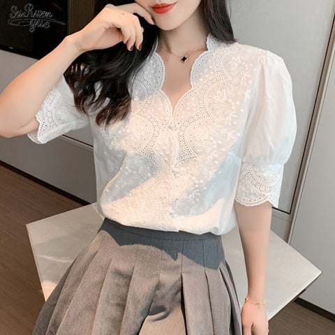 Casual White Tops Embroidery Lace Spring Femme Shirt
