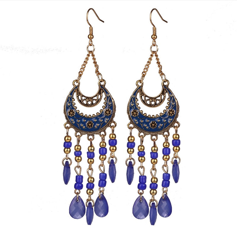 Bohemian Antique Gold Plated Long Water Drop Tassel Earrings