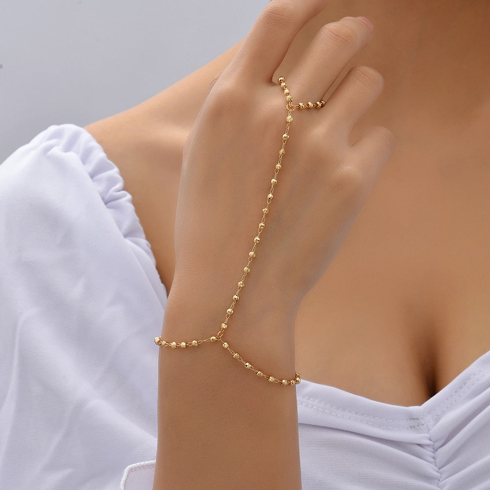 Simple Heart Pendant Chain Link Connected Gold Metal Wide Finger Ring Bracelets