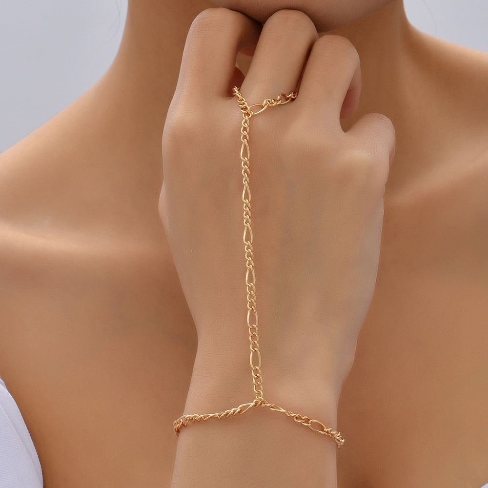 Simple Heart Pendant Chain Link Connected Gold Metal Wide Finger Ring Bracelets