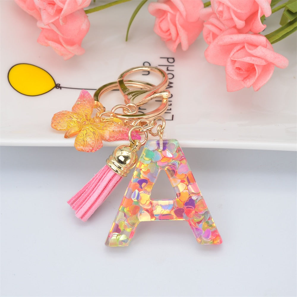 Acrylic Butterfly Letter Keychains English Alphabet Crystal Women Key Chains