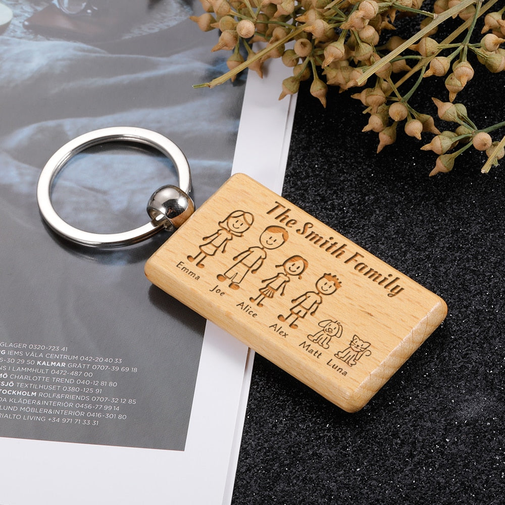 Family Love Cute Keychain Wooden Engraved Family Name