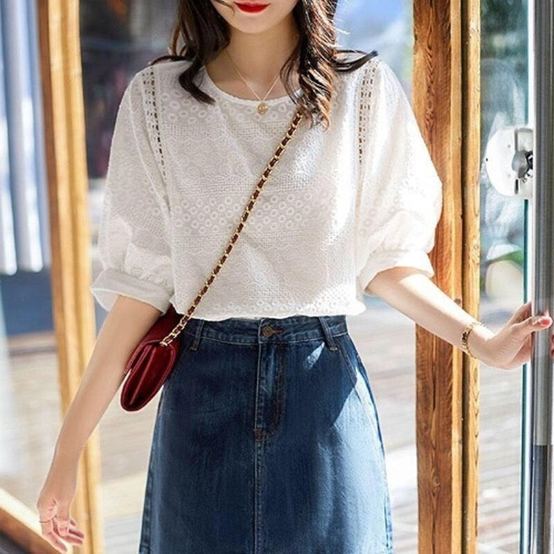 FashionLantern Sleeve Loose Shirts Embroidery Cotton Lace O-neck Casual Blouses