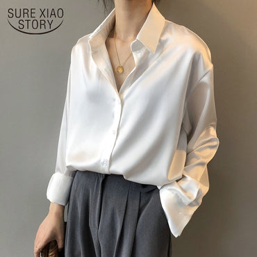 Autumn Fashion Button Up Satin Silk Shirt Vintage Blouse