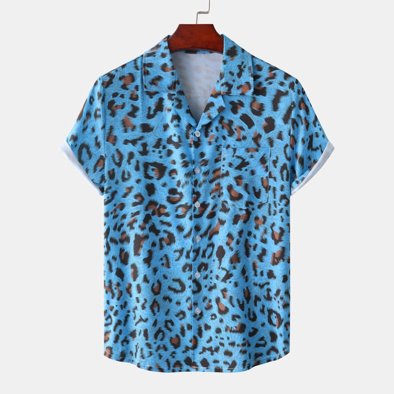 Leopard Print Mens Shirt Short Quick Dry Beach Shirts Men