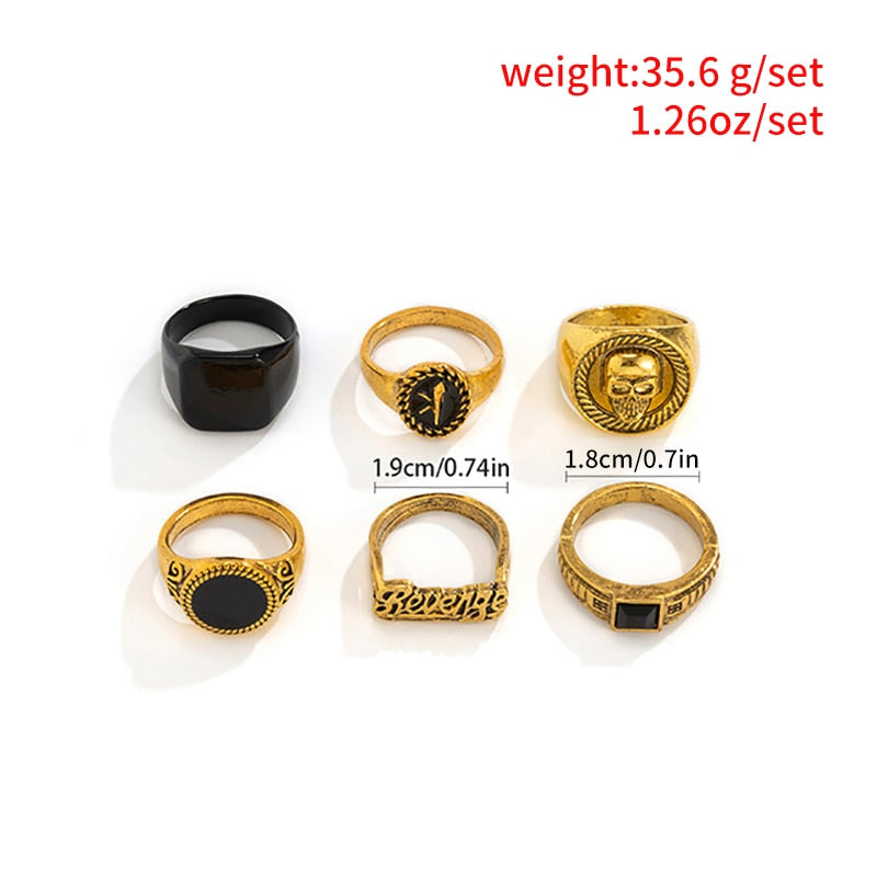 Sindan 6Pcs Vintage Black Stone Rings for Men Gothic