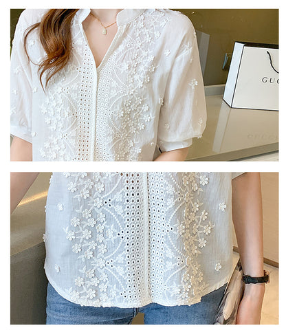 Chic Solid Hollow-out V Neck Lace Blouse Floral Patterns Embroidery
