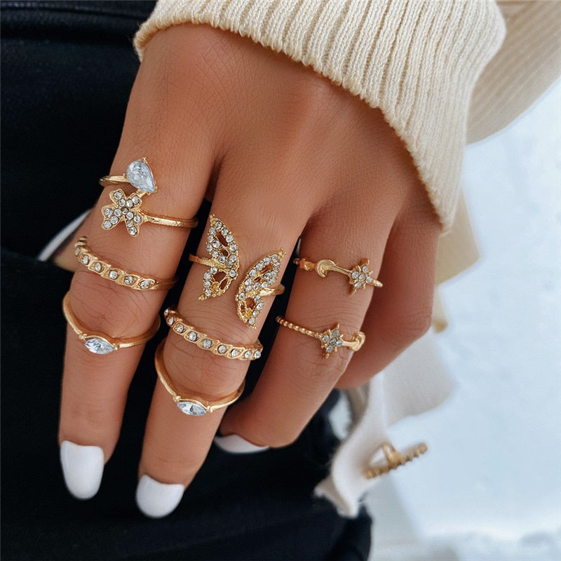 Vintage Bohemian Butterfly Sets Zircon Flower Leaf Open Rings