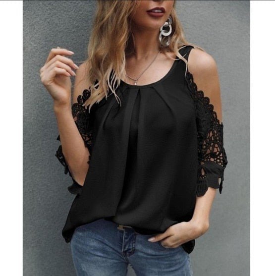 Chic Solid Hollow-out V Neck Lace Blouse Floral Patterns Embroidery