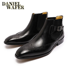 Chelsea Boots Genuine Leather Men Ankle Boots HSlip On Buckle Strap