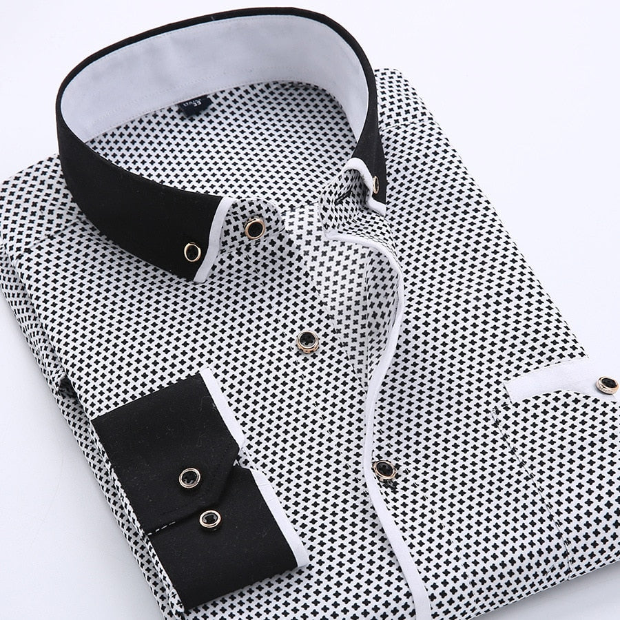 Men Shirt Long Sleeve Slim Fit Button Down Collar Printed Business