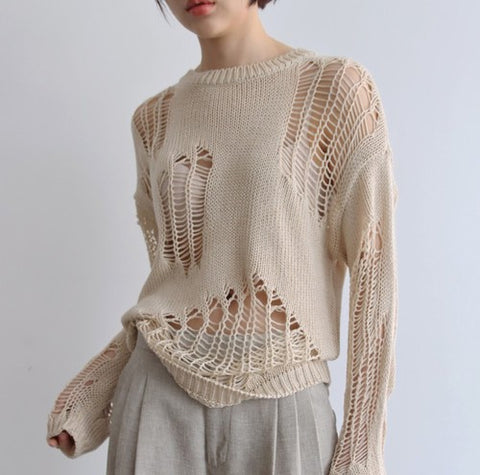 Style Long-sleeved Hole Sweater Asymmetric Hem Loose Pullover