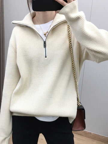 Women Sweater Oversize Zipper Knitted Pullover Long Sleeve Solid Color Lo