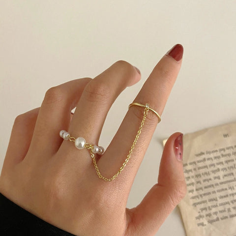 Fashion Chain Link Ring Full Rhinestone Vintage Flower Double Finger Rings