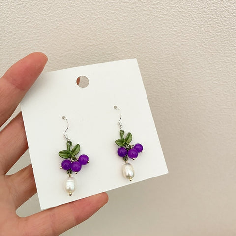 Vintage Purple Crystal Grape Leaf Earrings Sweet Reflective Smooth Irregular