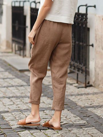 Clothing Large Pockets Solid Color Comfortable Cotton Linen Casual Pants