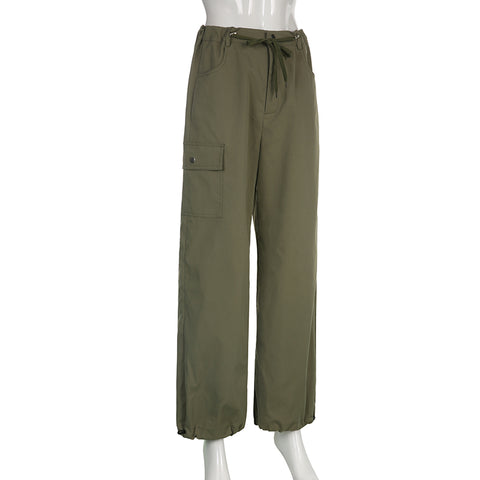Fairycore Green Cargo Pants Fashion One Side Pocket Low Rise Casual Pants