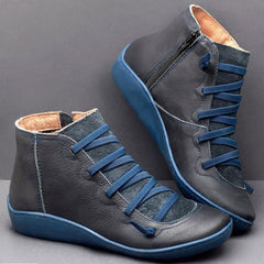 Casual Flat Leather Retro Lace-up Boots Side Zipper Round Toe Shoe Leather Ankle Boots