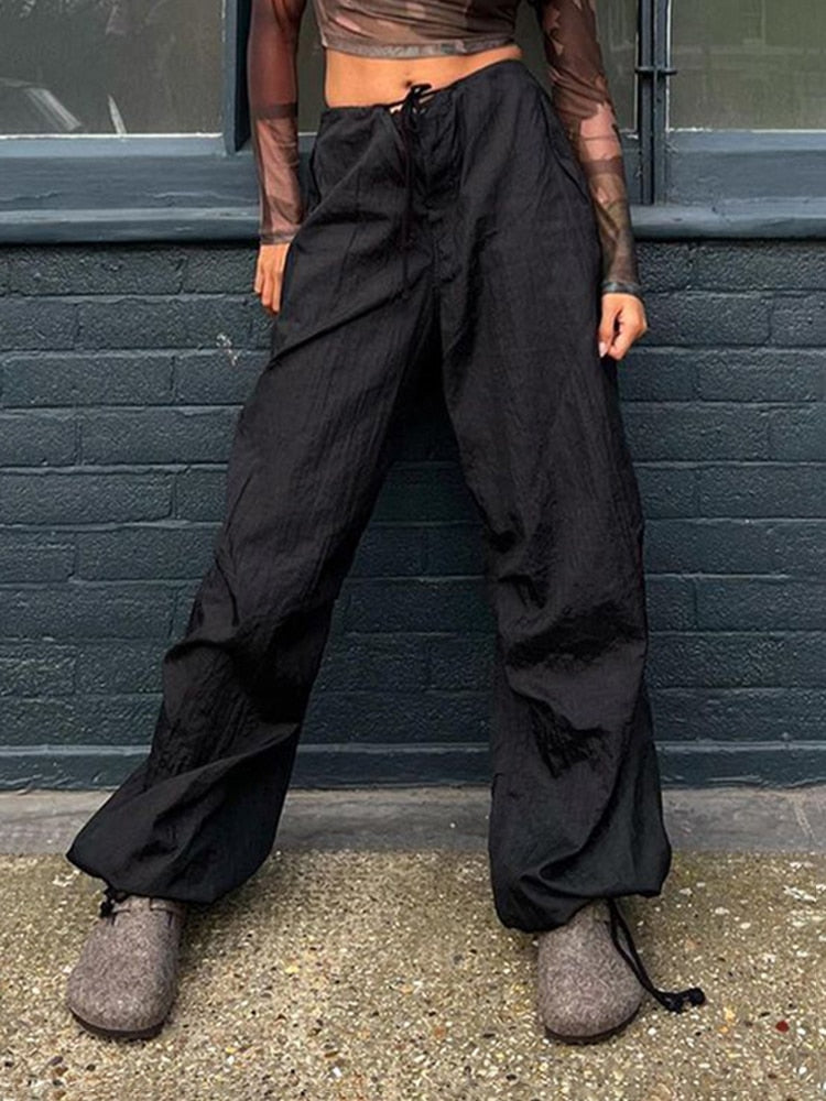 Khaki Low Rise Cargo Pants Vintage Baggy Wide Leg Trousers Streetwear