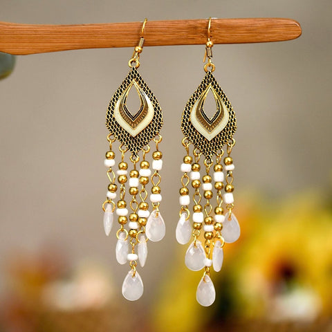 Bohemian Antique Gold Plated Long Water Drop Tassel Earrings
