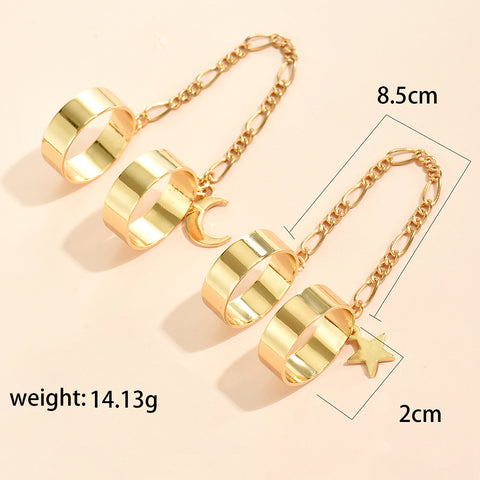Simple Heart Pendant Chain Link Connected Gold Metal Wide Finger Ring Bracelets