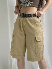 Khaki Cargo Pants High Waist Baggy Pocket Patchwork Knee Length Shorts Vintage