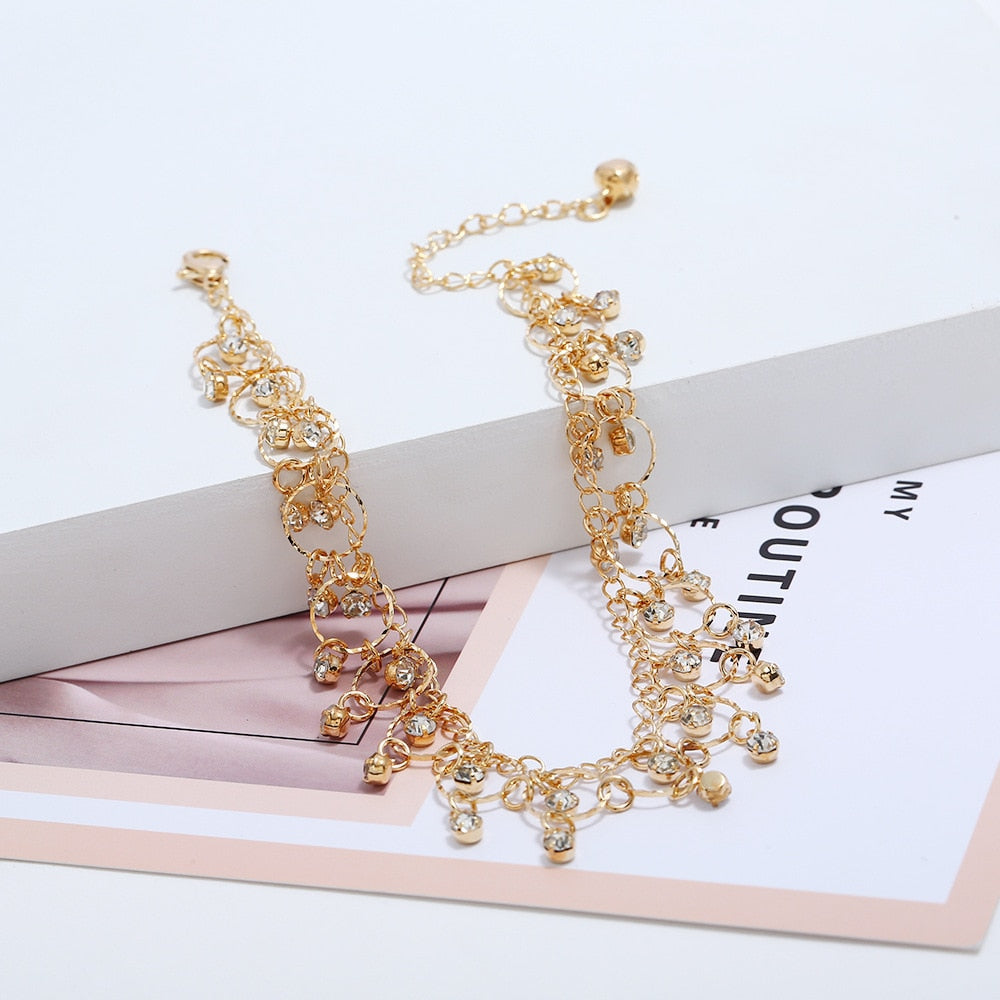 Fashion Women Crystal Tassel Beach Anklet Classic Gold Foot jewelry