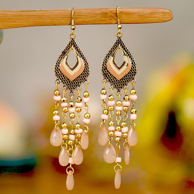 Bohemian Antique Gold Plated Long Water Drop Tassel Earrings