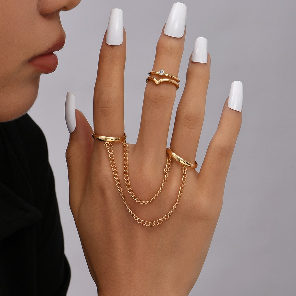 Simple Heart Pendant Chain Link Connected Gold Metal Wide Finger Ring Bracelets