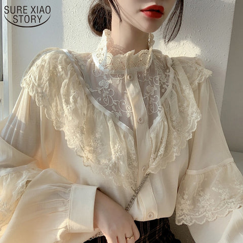Sweet Loose Clothes Lace Up Ruffled Women Blouses Fashion Stand Collar