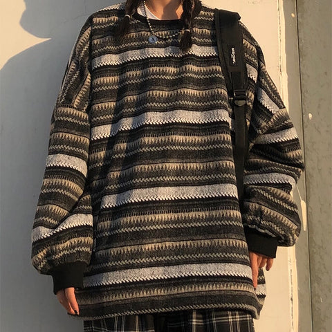 Vintage Striped Sweaters Autumn Long Sleeve Oversize Knit Sweater