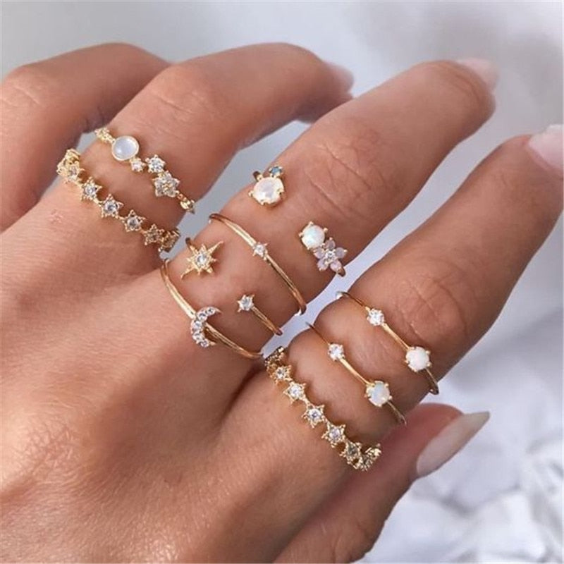 Vintage Bohemian Butterfly Sets Zircon Flower Leaf Open Rings