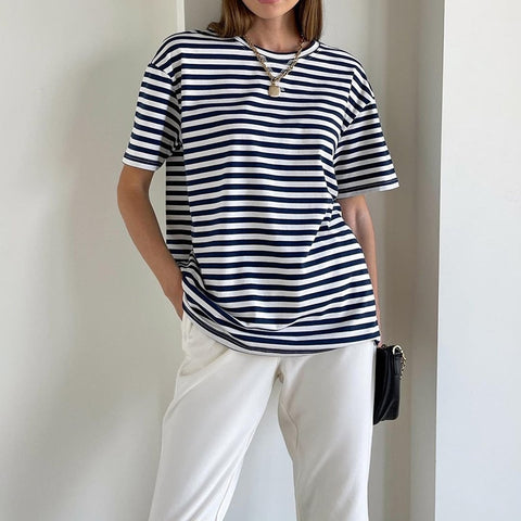 Short Sleeve Striped T-Shirts Women Knitted Basic Casual Tops