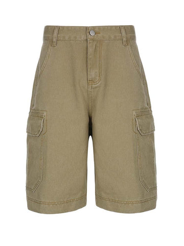 Khaki Cargo Pants High Waist Baggy Pocket Patchwork Knee Length Shorts Vintage
