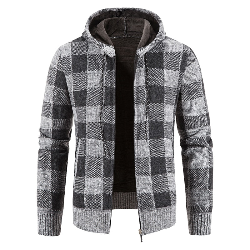 Autumn Winter Thick Cardigan Plaid Sweater Hooded Fashion