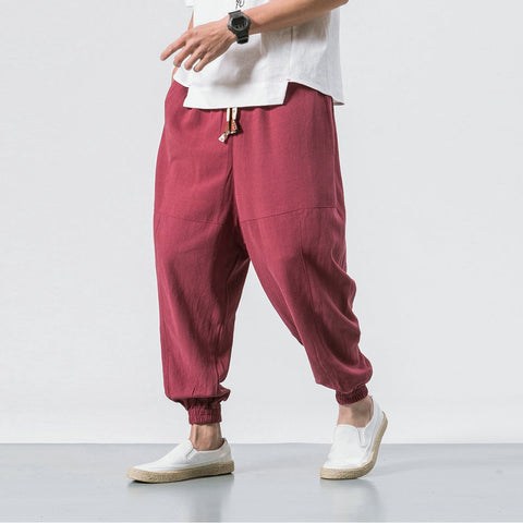 Cotton Harem Pants Men Solid Elastic Waist Streetwear Joggers