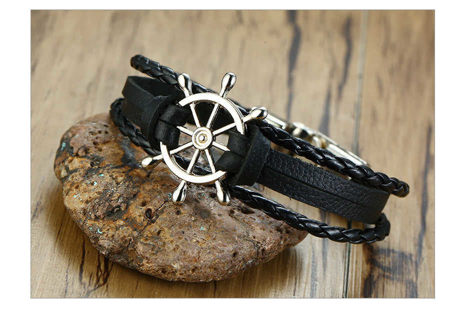 Vintage Rudder Charm Bracelet for Men Multi-layer Leather Rope Bracelets