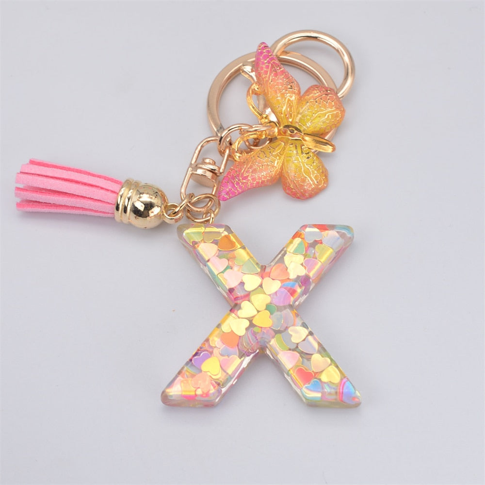 Acrylic Butterfly Letter Keychains English Alphabet Crystal Women Key Chains