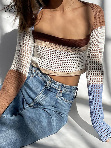 Knitted Long Sleeve Crop Top Patchwork Vintage Casual T Shirts