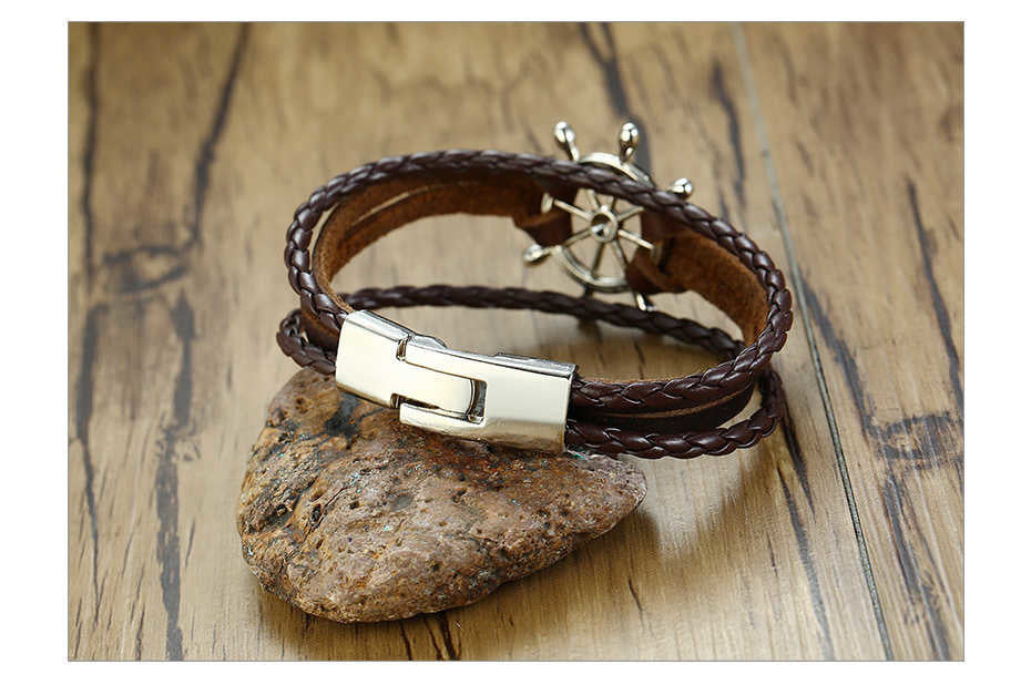 Vintage Rudder Charm Bracelet for Men Multi-layer Leather Rope Bracelets