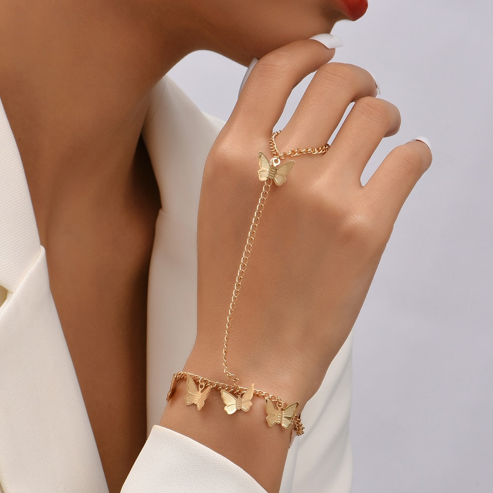 Simple Heart Pendant Chain Link Connected Gold Metal Wide Finger Ring Bracelets