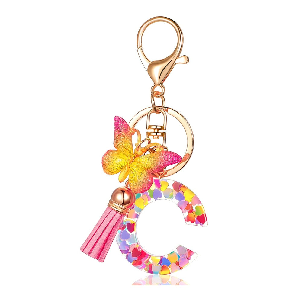 Acrylic Butterfly Letter Keychains English Alphabet Crystal Women Key Chains