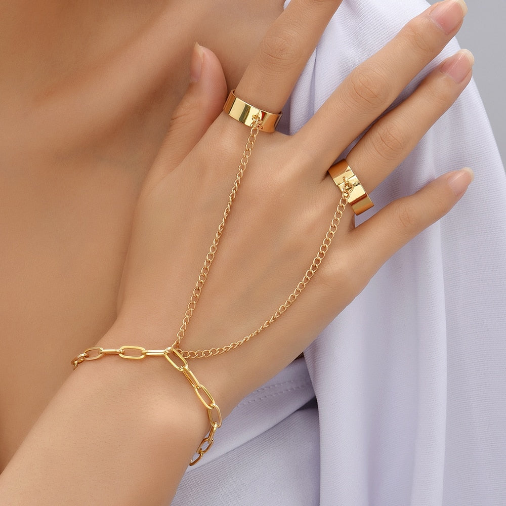 Simple Heart Pendant Chain Link Connected Gold Metal Wide Finger Ring Bracelets