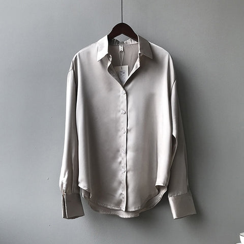 Autumn Fashion Button Up Satin Silk Shirt Vintage Blouse