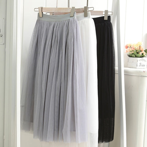 Vintage Tulle Skirt Women Elastic High Waist  3 Layers  A-line Pleated Mesh