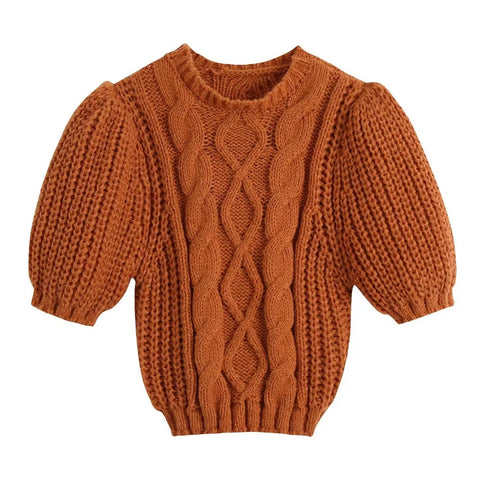 Fashion Cable-Knit Cropped Sweater Vintage O Neck Pullovers Chic Tops